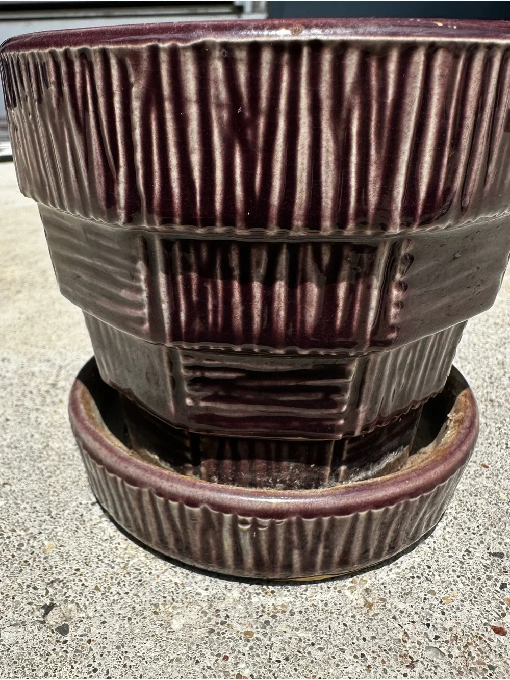 Maroon or Purple McCoy Pottery Planter with Attached Drip Tray Basket Weave 4”